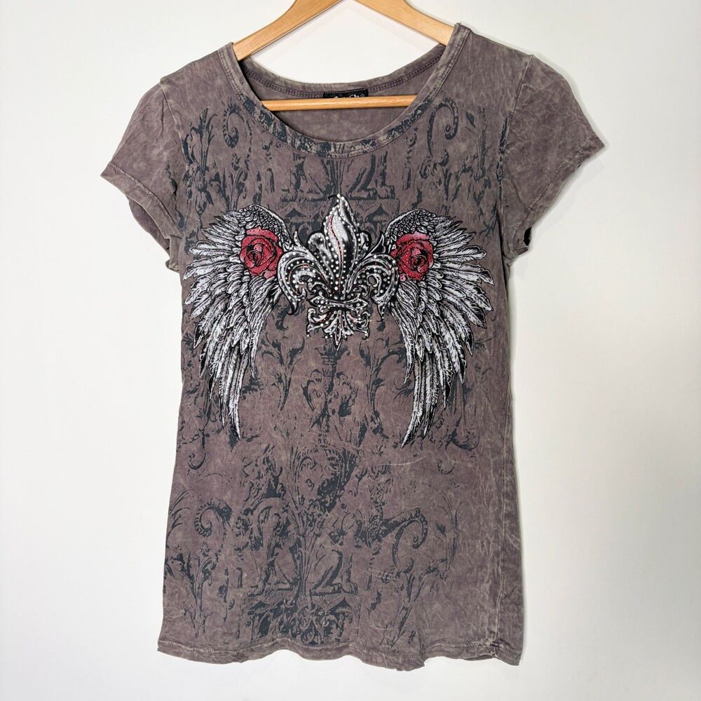 Cotty On Grunge T-Shirt Wings Rhinestone Distressed Look Y2K 2000s Women S M